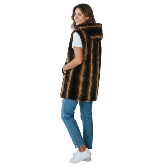 Maksar Faux Fur hooded sleeveless vest ladies medium plush teddy layering piece - Picture 3 of 12
